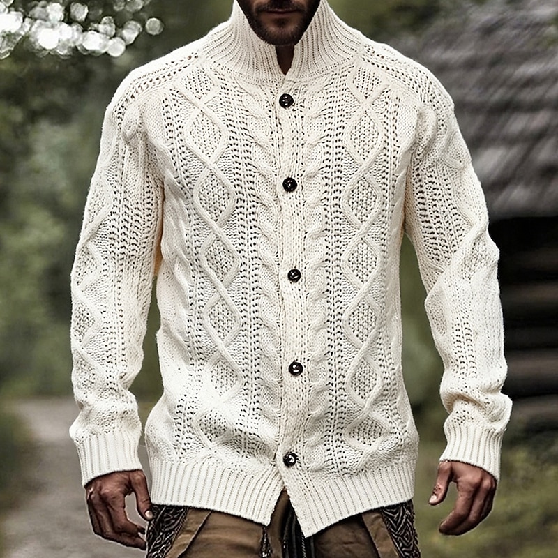 Men's Cardigan Sweater Cardigan Chunky Cardigan Cardigan Jacket Ribbed Crochet Knit Regular Tops Basic Solid / Plain Color Standing Collar Fashion Classic Vacation Daily Wear Clothing Apparel Fall