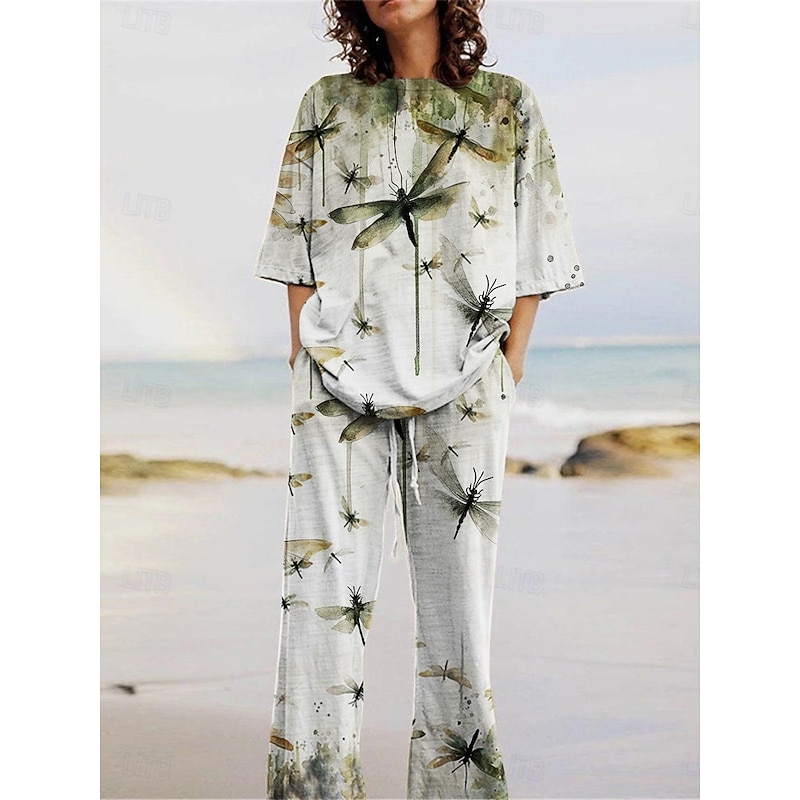 Women's Active Fashion Pants Sets 3/4 Length Sleeve Crew Neck Animal Print Vacation Daily Holiday Dark Green Green Gray Summer Regular Fit