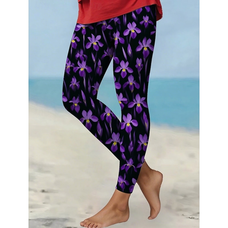 Women's Pants Trousers Leggings Streetwear Casual Full Length High Waist Floral Elastic Waist Print Breathability Comfortable Stretchy Vacation Street Daily Wear Purple Summer Spring Fall Regular Fit
