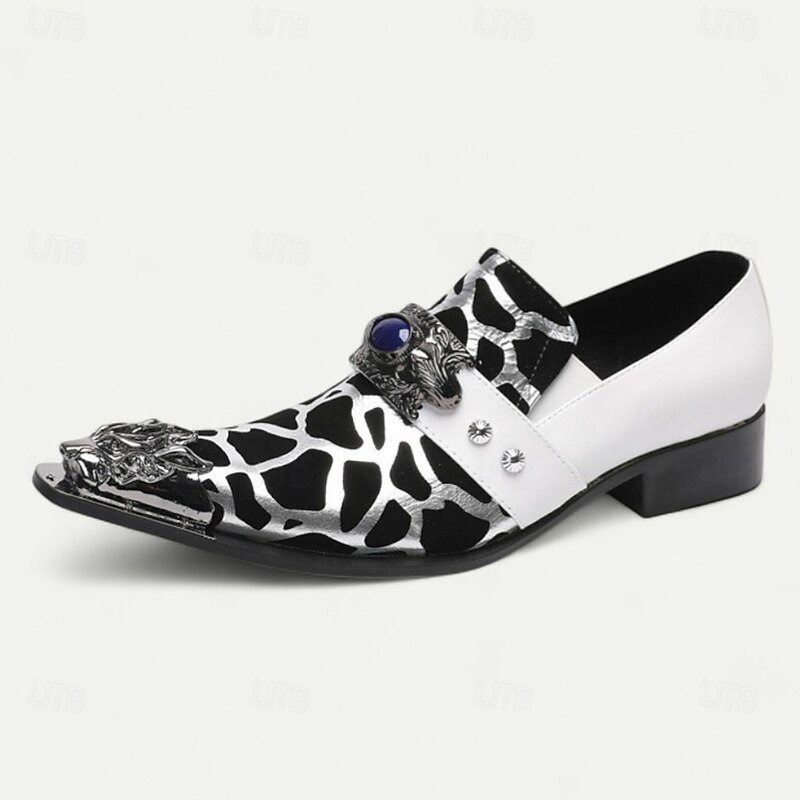 Men's Black and White Cow Print Slip-On Dress Shoes – Statement Western Loafers with Jewel Buckle for Concerts, Parties and Costumes3