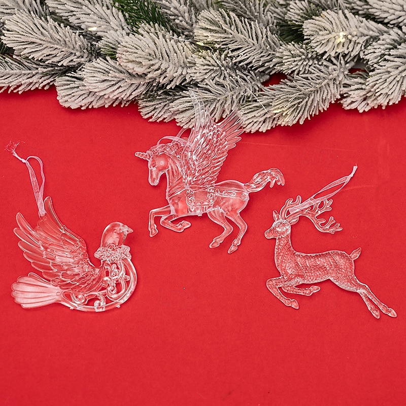 3pcs Christmas Crystal Hanging Ornaments, Creative Christmas Tree Decorations, Unicorn and Reindeer Transparent Acrylic Tree Hanging Decor, Holiday Home and Party Accessories3