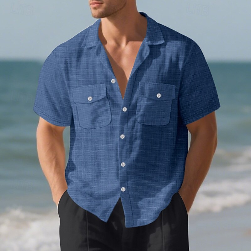Men's Shirt Summer Shirt Casual Shirt Beach Shirt Button Up Shirt Black White Navy Blue Apricot Gray Short Sleeve Plain Lapel Vacation Hawaiian Pocket Clothing Apparel Polyester Fashion Casual