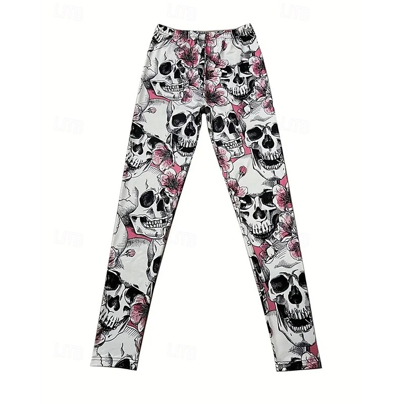 Women's Pants Trousers Leggings Cozy Leggings Streetwear Casual Full Length High WaistPantsHalloween Floral Skull Elastic Waist Print Breathability Comfortable Stretchy Vacation Street Daily Wear4