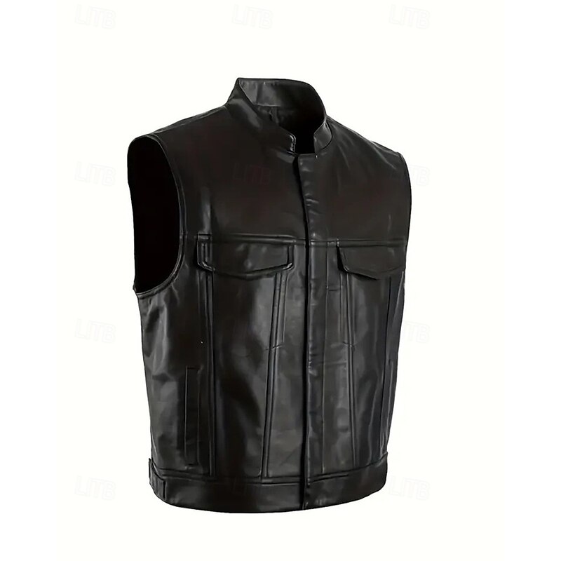 Men's Vest Gilet Faux Leather Vest Outdoor Daily Fashion Casual Spring Fall Pocket Buttons Polyester PU Leather Comfortable Plain Single Breasted One-button Stand Collar Regular Fit Black Vest2