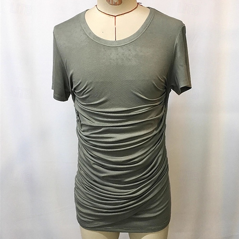 Men's T Shirt Tee Short Sleeve Shirt Tee Top Short Sleeve Crew Neck Summer Plain Fashion Designer Basic Pleats Vacation Street Going out Gray Top Tee for Men2
