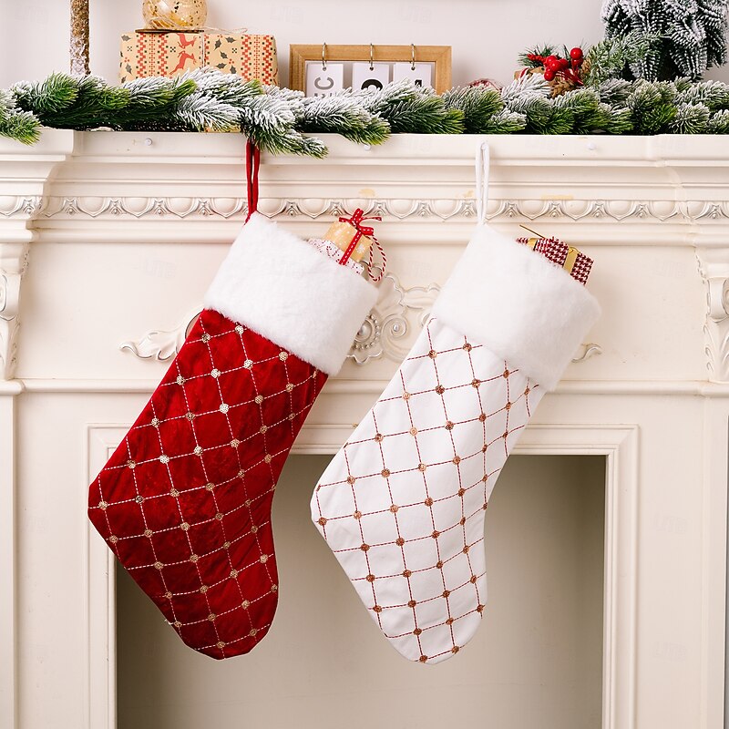 Christmas Stocking Luxury Red Holiday Sock Large Gift Bag for Christmas Tree Hanging Presents Home Fireplace Festive Party Seasonal Decoration Accessory