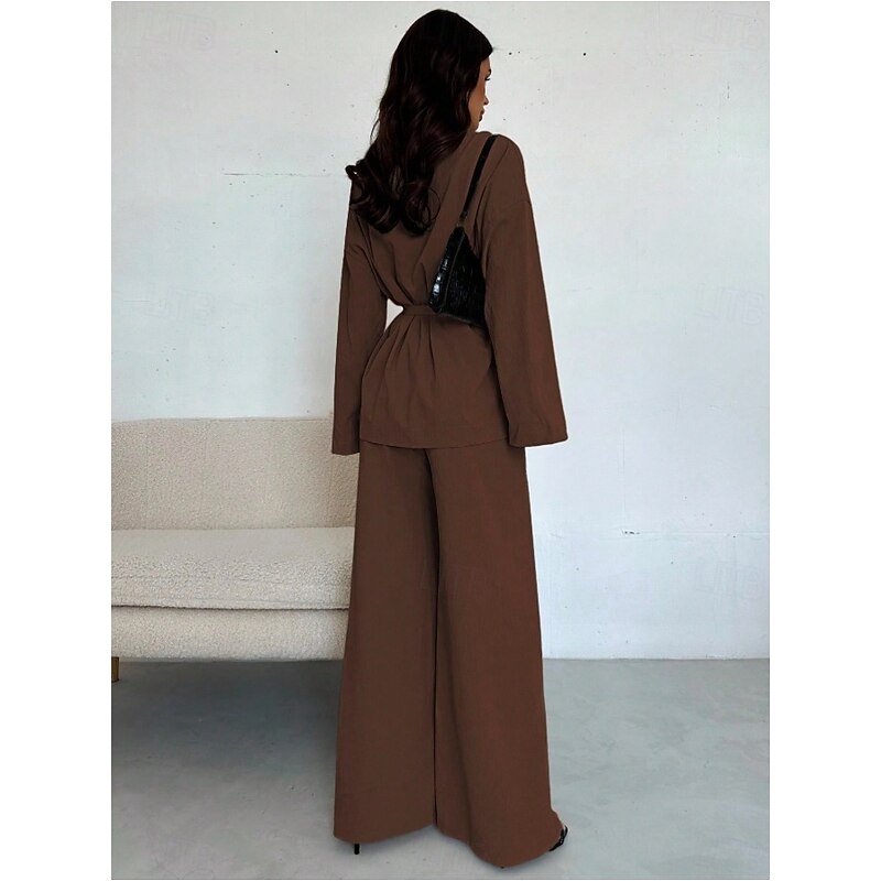 Women's EU / US Size2 Pieces SetsElegant Sophisticated Corset Pants Sets Long Sleeve Bell Sleeve Shirt Collar Solid Color Patchwork Casual Daily Wear As Picture Black Brown Fall Regular Fit2