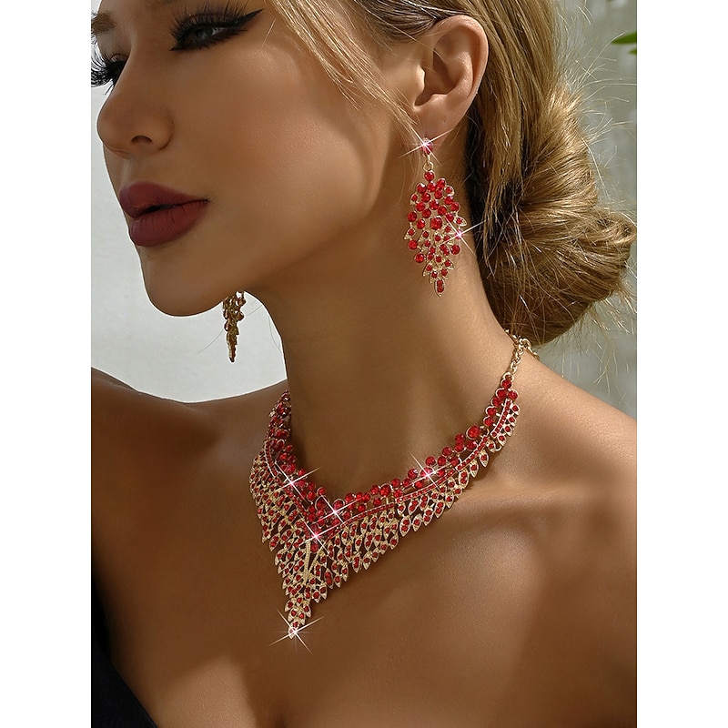 Women's Gold-Tone Necklace and Earring Set with Red Crystal Accents - Glamorous Party Jewelry