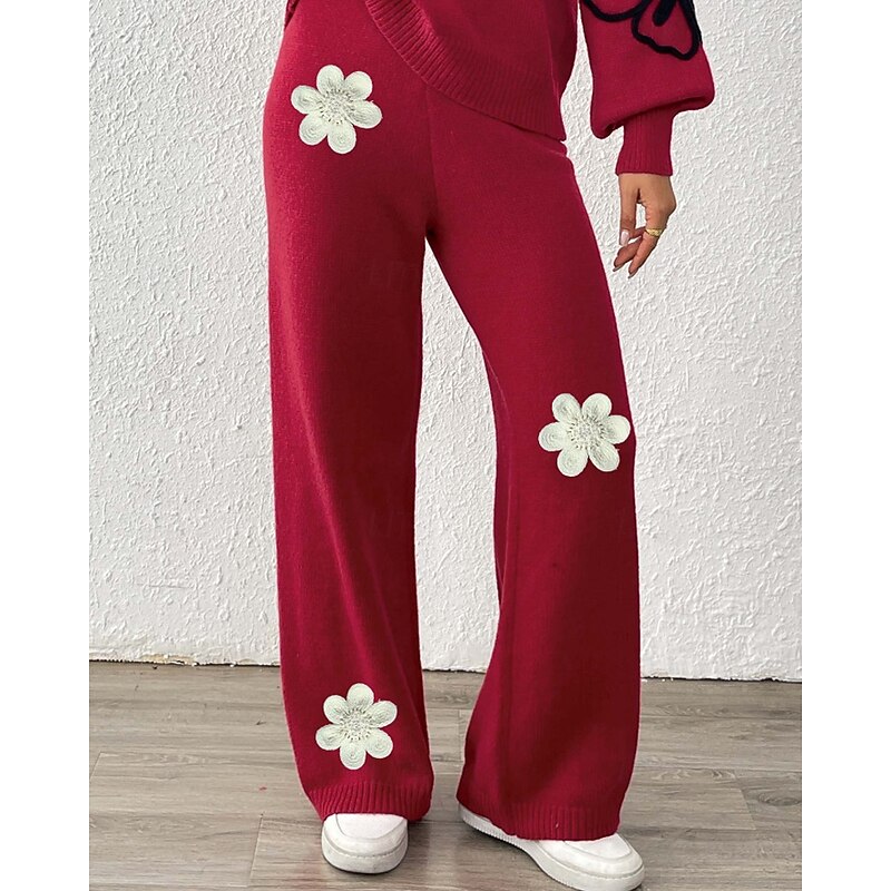 Women's Wide Leg Slacks Streetwear Casual Full Length Natural Flower Elastic Waist Printing Soft Street Holiday Weekend Wine Black Coffee Winter Regular Fit2