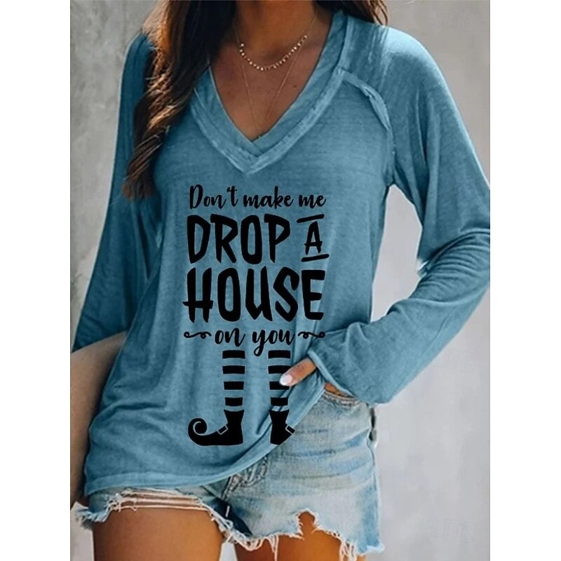 Halloween Women's T shirt Witch Long Sleeve Graphic Letter Vintage Stylish Classic Long Sleeve V Neck Regular Tops Daily Print Black White Blue Orange Green Spring Fall Prefall3