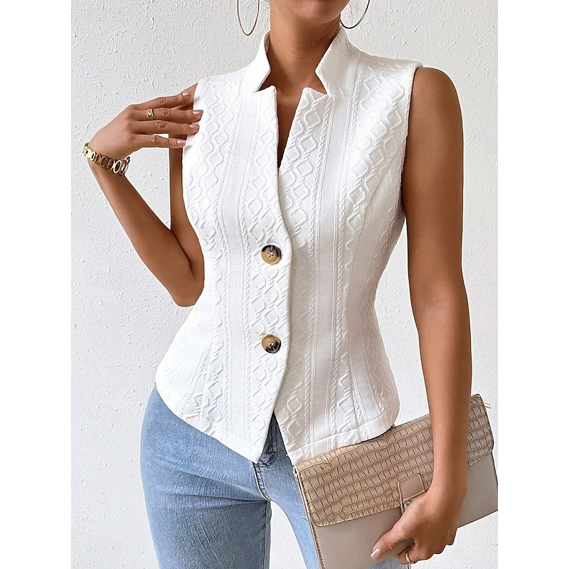 Women's Vest Comfortable Breathable Buttons Fashion Daily Plain Outdoor Casual Daily Single Breasted Regular Stand Collar Regular Fit Sleeveless Outerwear Black White Summer Spring