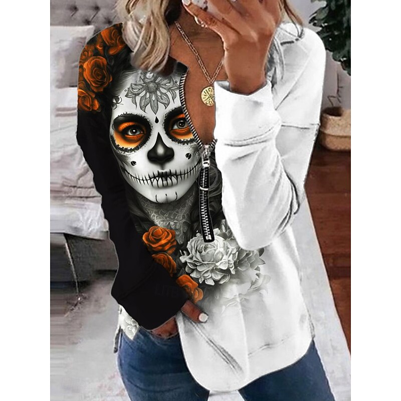 Halloween Women's Pullover Sweatshirt Zip Up Sweatshirts Skulls Graphic Fashion Casual Long Sleeve Crew Neck Regular Tops Street Dailywear Zipper Print Red Orange Green Spring Fall Winter2