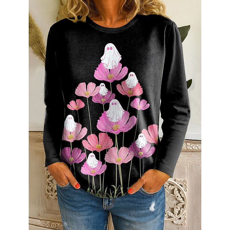 Halloween Women's T shirt Ghost Floral Graphic Vintage Fashion Stylish Long Sleeve Crew Neck Round Neck Regular Tops Daily Print Pink Blue Orange Green Fall Winter
