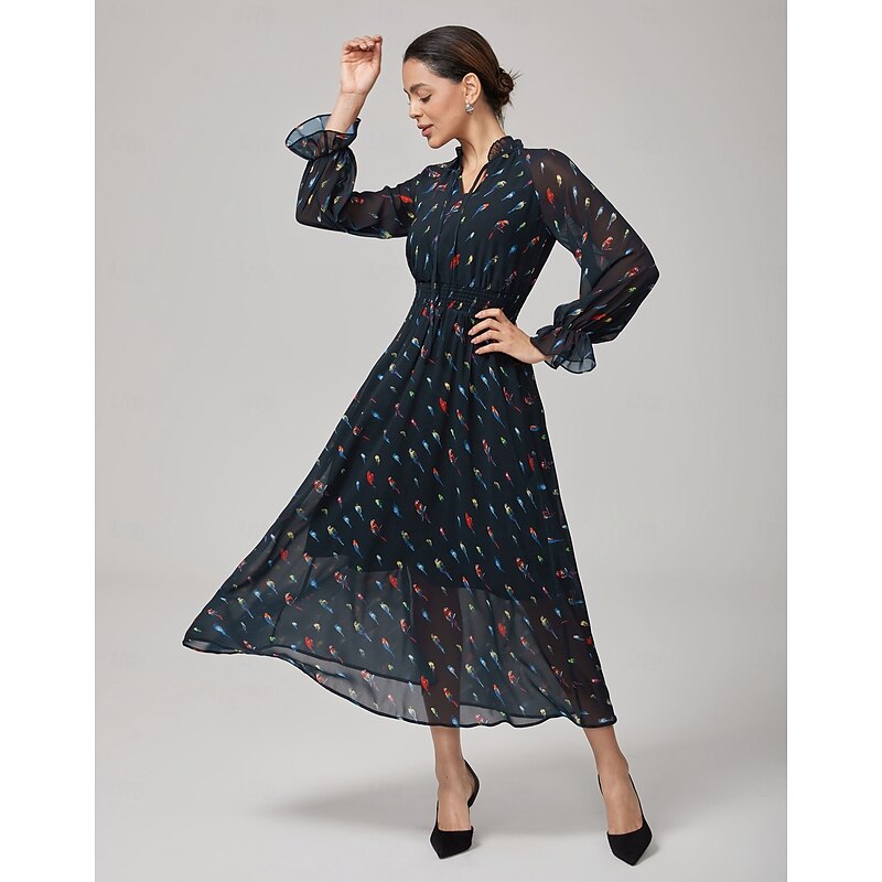 Parrot Print Ruffle Collar Black Chiffon Dress