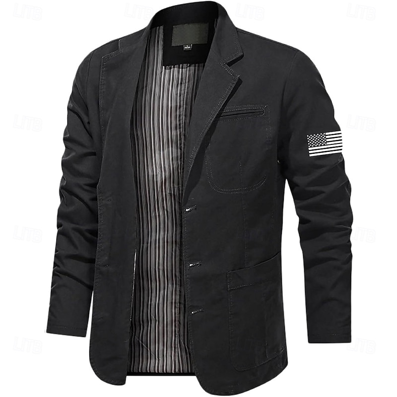 Men's US Flag Cotton Suit Jacket Suits Coat Blazer Casual Outdoor Dailywear Long Sleeve Notch Lapel Collar Outwear Pockets Button Down Stripe Lined Suit Jacket Fall Winter Black khaki Army Green2