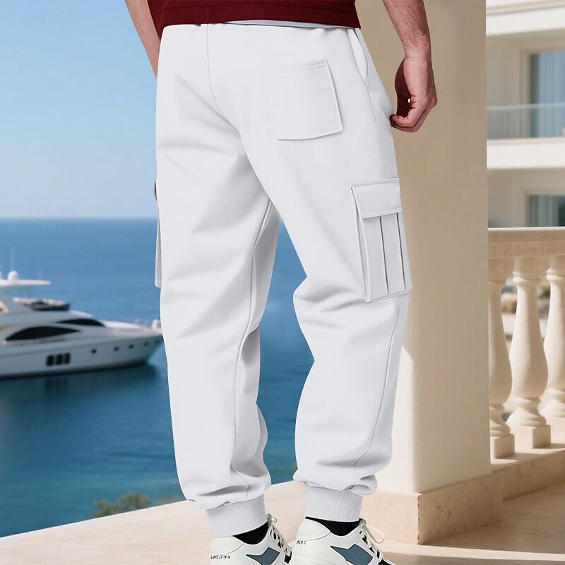 Men's Sweatpants Fleece Pants Joggers Trousers Cargo Sweatpants Drawstring Pocket Elastic Waist Plain Moisture Wicking Breathable Full Length Outdoor Daily Club Vacation Fashion Black White2