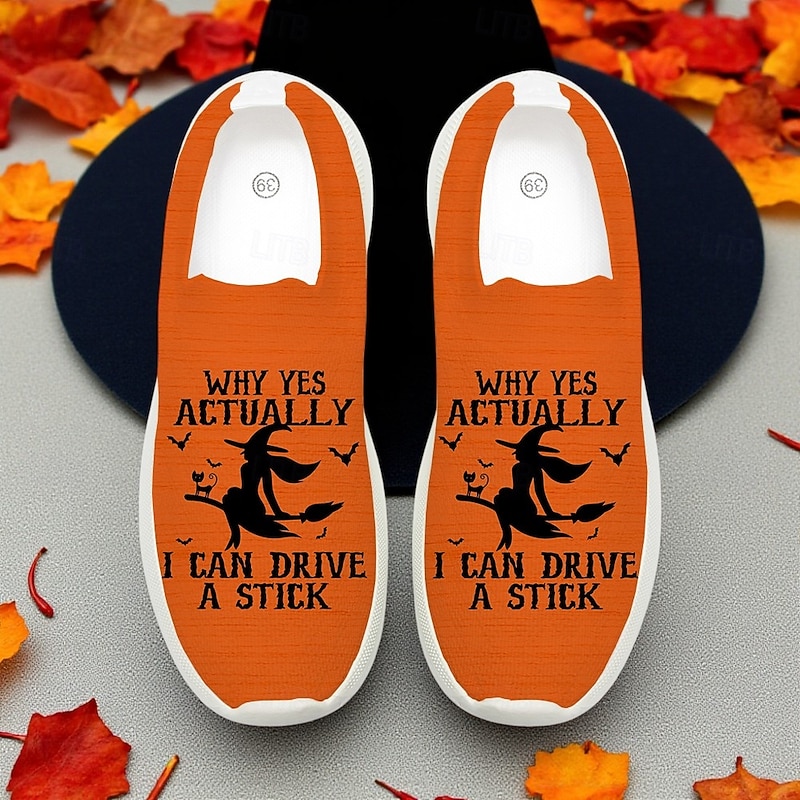 Women's Flyknit Slip-On Sneakers with Funny "Can Drive a Stick" Witch Print – Halloween Comfort Walking Shoes for Parties and Daily Outfits2
