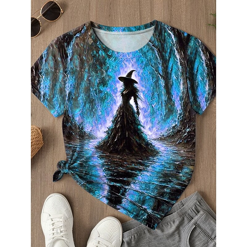 Halloween Women's T shirt Witch Graphic Vintage Stylish Classic Short Sleeve Round Neck Regular Tops Daily Print Blue Purple Orange Green Summer Spring Fall3