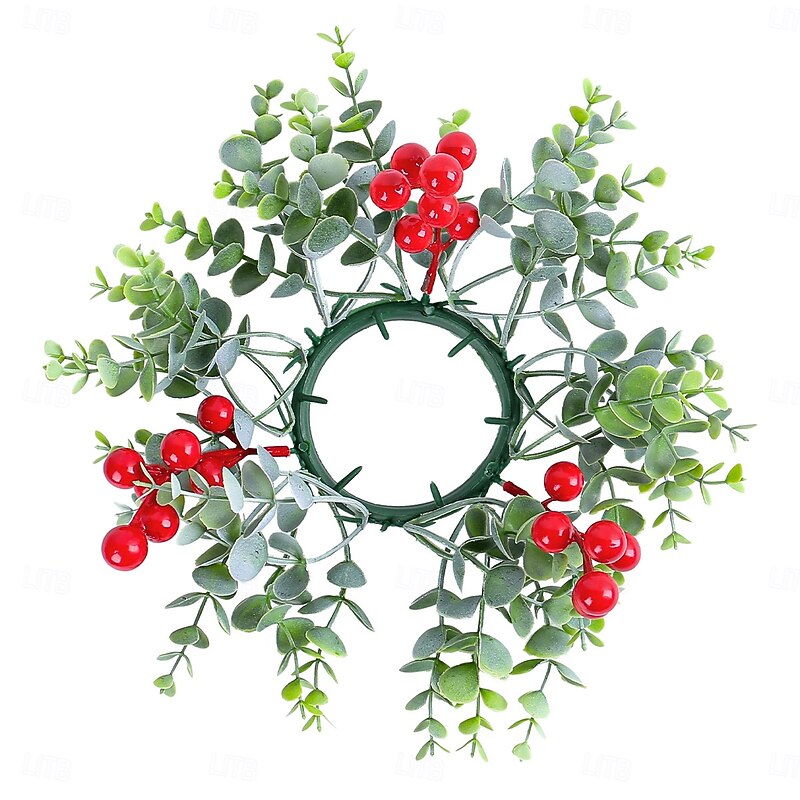 Christmas Candle Wreath with Red Berries, Plastic Artificial Floral Candle Ring, Faux Flower Tabletop Decoration, Aromatherapy Candle Holder Base Accent2