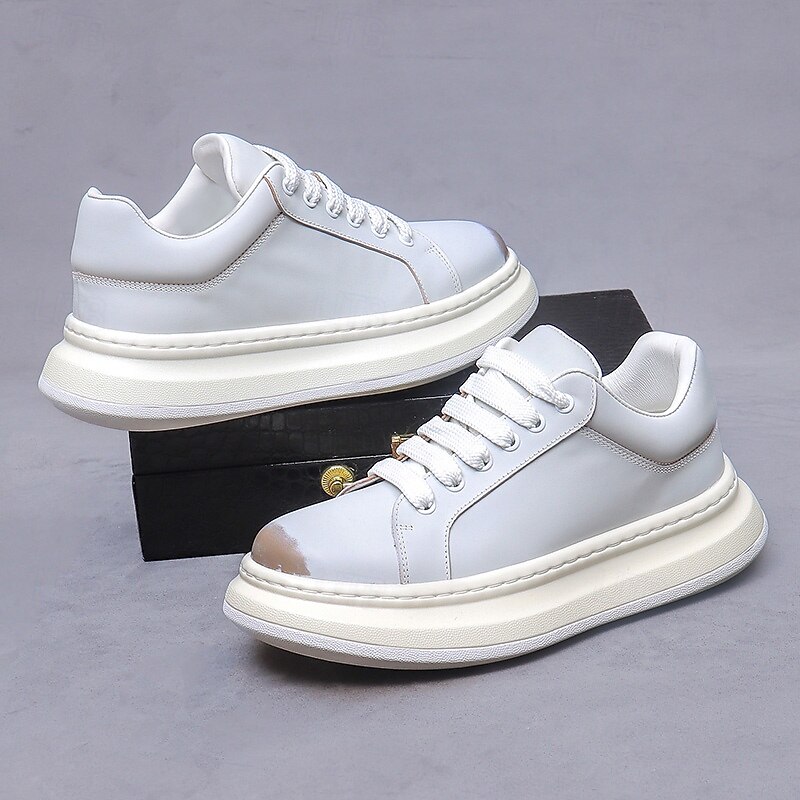 Men's White Leather Sneakers - Chunky Sole Casual Fashion Shoes for Urban Streetwear, Daily Walking, and Sporty City Outfits2