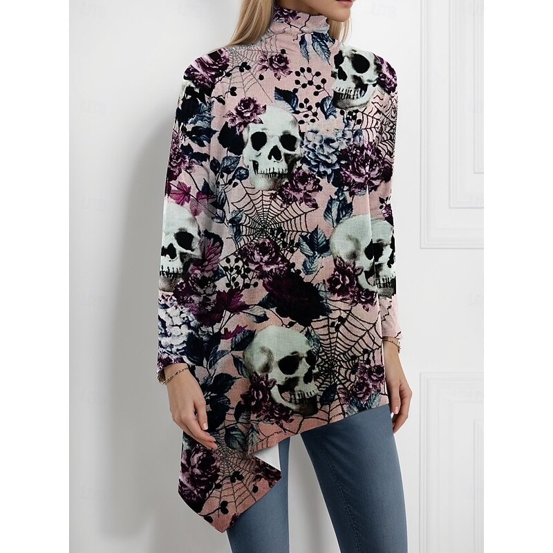 Halloween Women's Blouse Floral Graphic Elegant Active Stylish Long Sleeve Turtleneck Regular Tops Party Evening Wear Daily Going out Asymmetric Hem Pink Spring Fall Winter Spring, Fall2