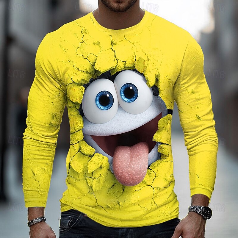 Men's 3D Funny Emotes T Shirt Long Sleeve T shirt 3D Print Crew Neck Shirt Fashion Exaggerated Street Daily Light Blue Yellow Blue Summer Spring Fall Clothing Apparel S M L XL XXL XXXL2