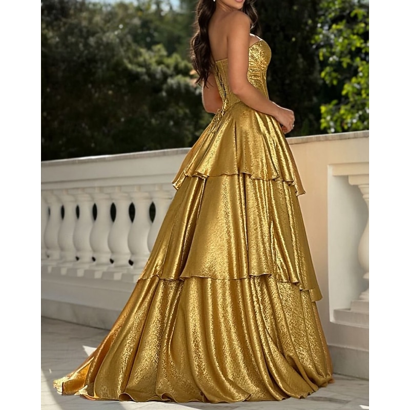 A-Line Gold Tiered Evening Gown Elegant Dress Formal Wedding Sweep / Brush Train Sleeveless Sweetheart Tulle with Ruffles 20253