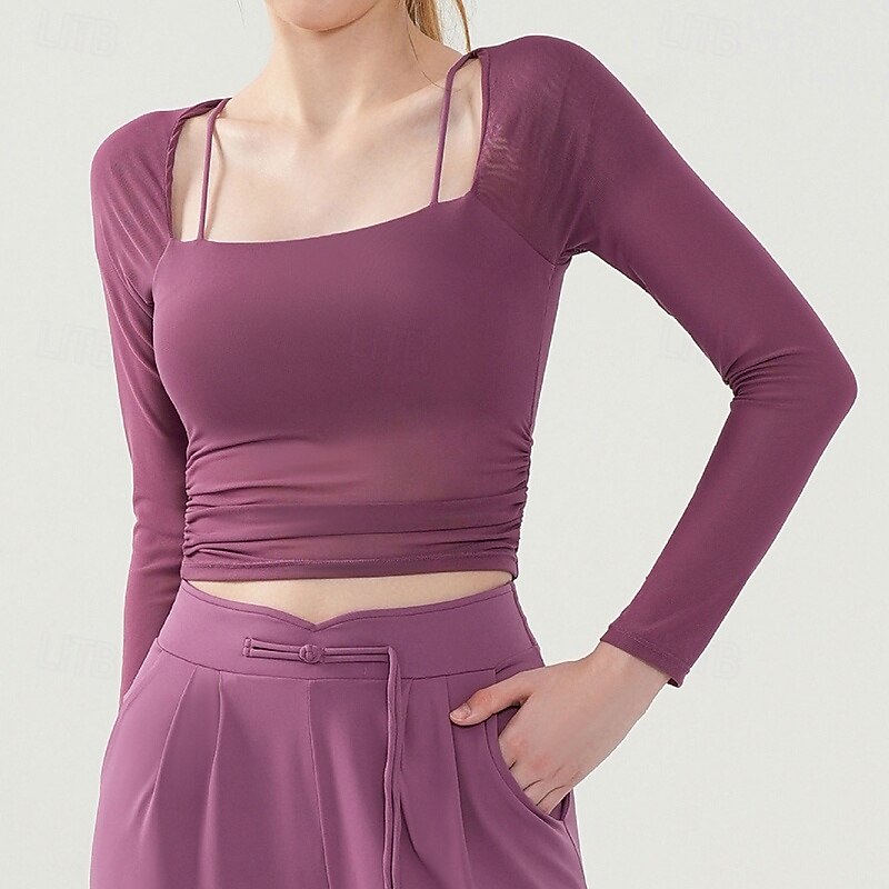 Women's Workout Shirt Fashion Breathable Mesh Long Sleeve Sports Solid Color Top For Gym Athletic Sports Slim Activewear4