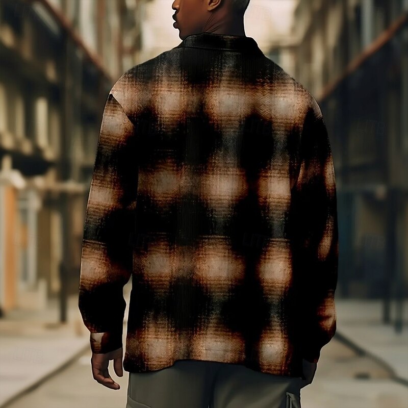 Men's Geometric Grid / Plaid Corduroy Shirt Shirt Jacket Overshirt Long Sleeve Casual Outdoor Dailywear Fall Winter Turndown Button-Down Warm Jacket with Flap Pockets Brown2