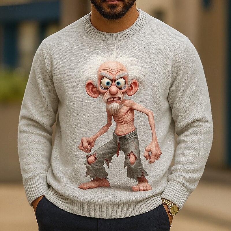 Men's 3D Cartoon Cartoon Character Pullover Sweater Jumper Knitwear Crewneck Casual Vacation Home Street 3D Print Knitting Keep Warm Long Sleeve Spring Fall Winter White Yellow Brown