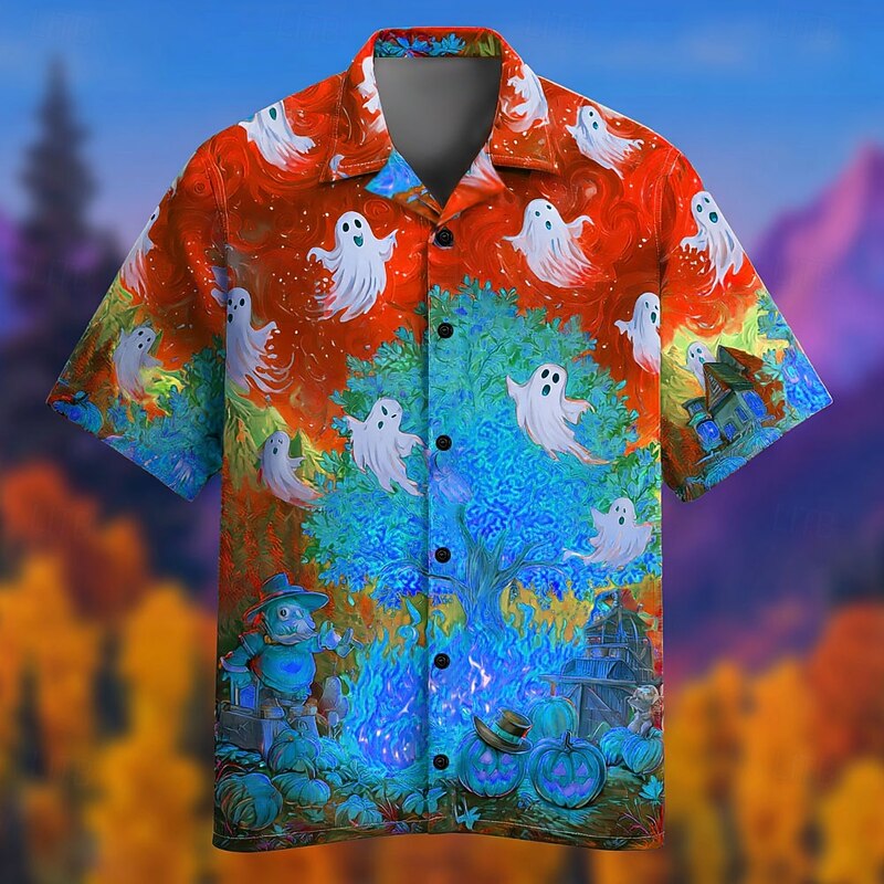 Halloween Men's Pumpkin Ghost Fire Shirt Cuban Collar Shirt Button Up Shirt Short Sleeve Dark Punk Gothic Style Holiday Streetwear Summer Camp Collar Shirt 3D Print Red Blue Green3