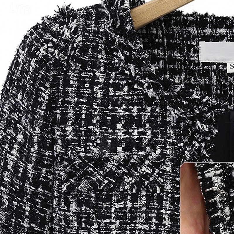 Women's Winter Coat Warm Comfortable Pocket Buttons Fashion Houndstooth Outdoor Holiday Going out Single Breasted Regular Crewneck Regular Fit Long Sleeve Outerwear Black Fall Winter3