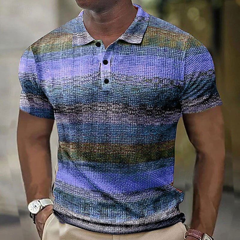 Men's Plaid Waffle Polo Shirts Golf Shirt Short Sleeve Polo Shirts Collared Shirts Vintage Casual Vacation Wear Formal Wear Festival Wear Buttons 3D Print Yellow Blue Purple2