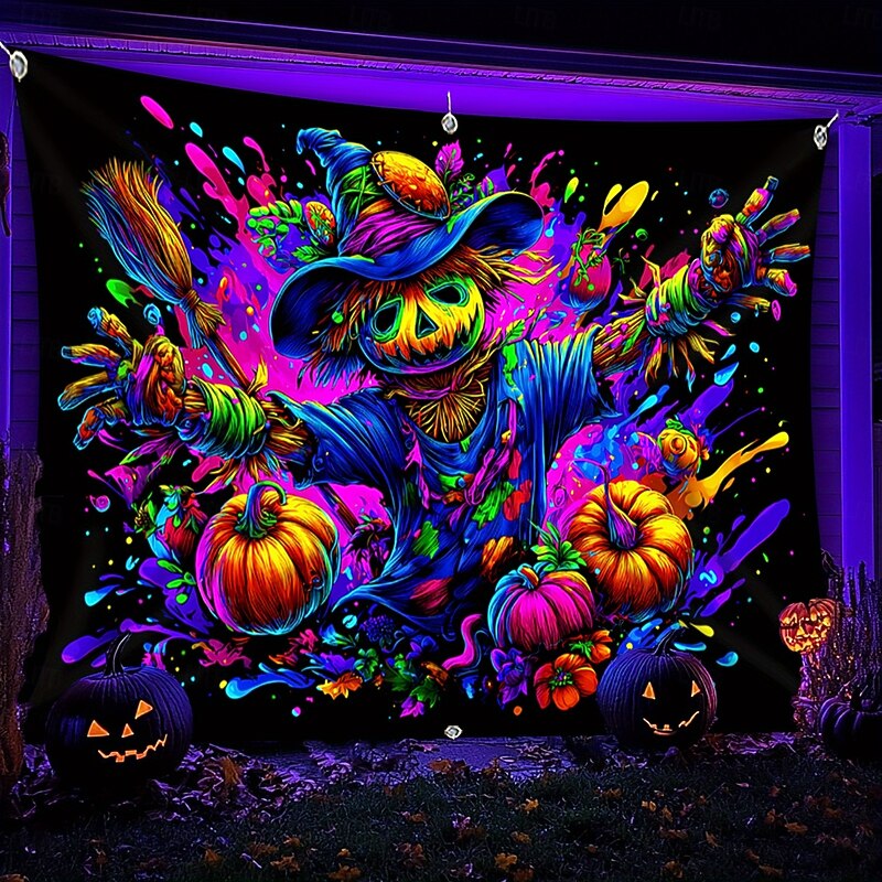 Neon Scarecrow Halloween Tapestry – Blacklight Reactive Wall Hanging for Bedroom, Living Room, Party or Dorm Decor