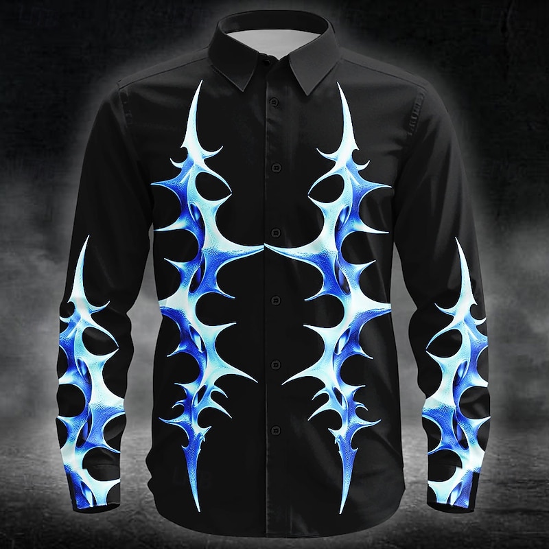 Halloween Men's Neon Glow Flame Spiked Shape Shirt Button Up Shirt Long Sleeve Dark Punk Gothic Style Outdoor Holiday Summer Spring Turndown 3D Print Collared Shirts Red Blue Purple Green