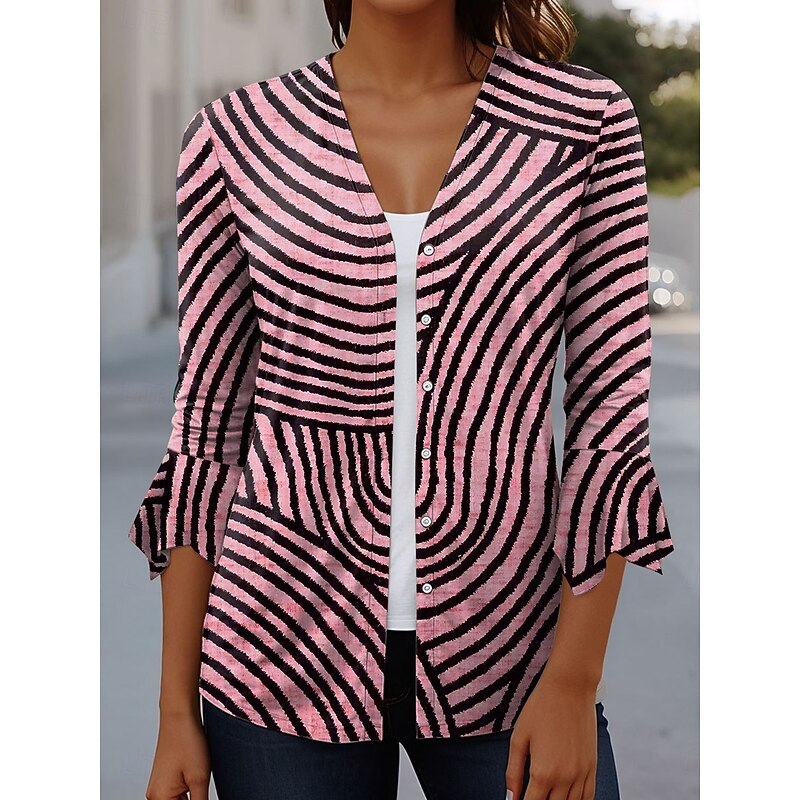 Women's T Shirt Graphic Geometric Elegant Vintage Stylish 3/4 Length Sleeve V Neck Regular Tops Daily Going out Ruffle Buttons Pink Blue Green Khaki Summer Spring Fall3