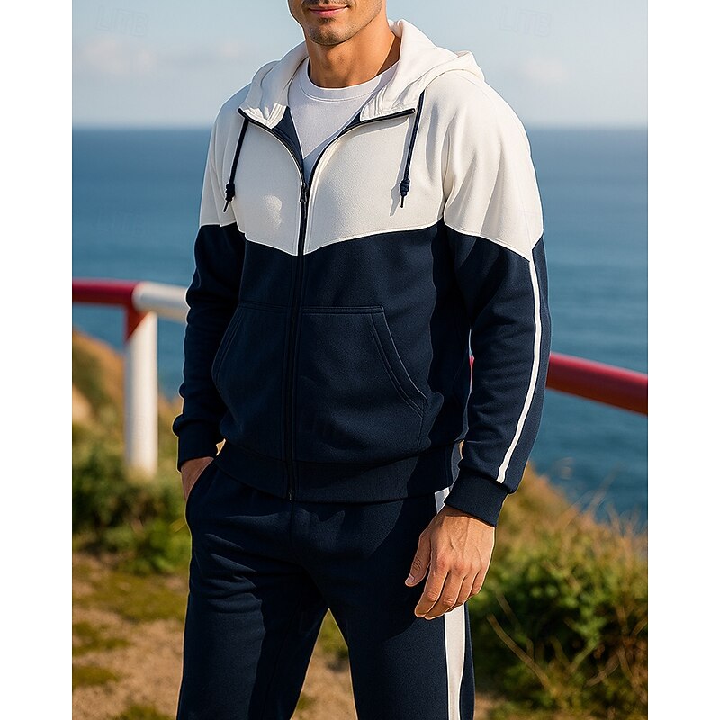 Men's Tracksuit Jogging Suit Sweatsuit Sets Zip Up Hooded Color Block Clothing Suit Fall & Winter Black Army Green Outdoor Travel Sports Long Sleeve Sport Activewear Micro-elastic Regular Fit3