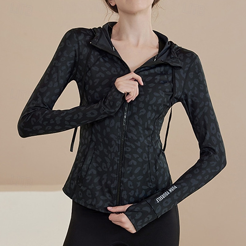 Women's Workout Jacket Stretchy Drawstring Long Sleeve Sports Leopard Top For Gym Zumba Running Slim Activewear