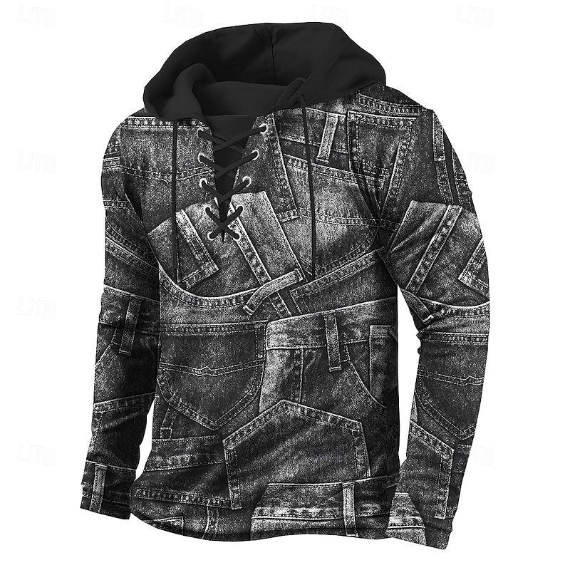 Men's Patchwork Hoodie Sweatshirt Stylish Vintage Retro Hooded Streetwear Blue Black 2 Drawstring Fall Winter Designer