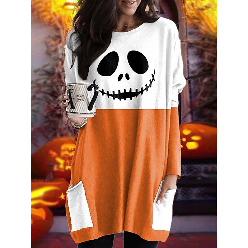 Halloween Women's T shirt Monster Graphic Vintage Fashion Long Sleeve Crew Neck Long Tops Daily Going out Weekend Pocket Print Black White Orange off-white Spring Fall2
