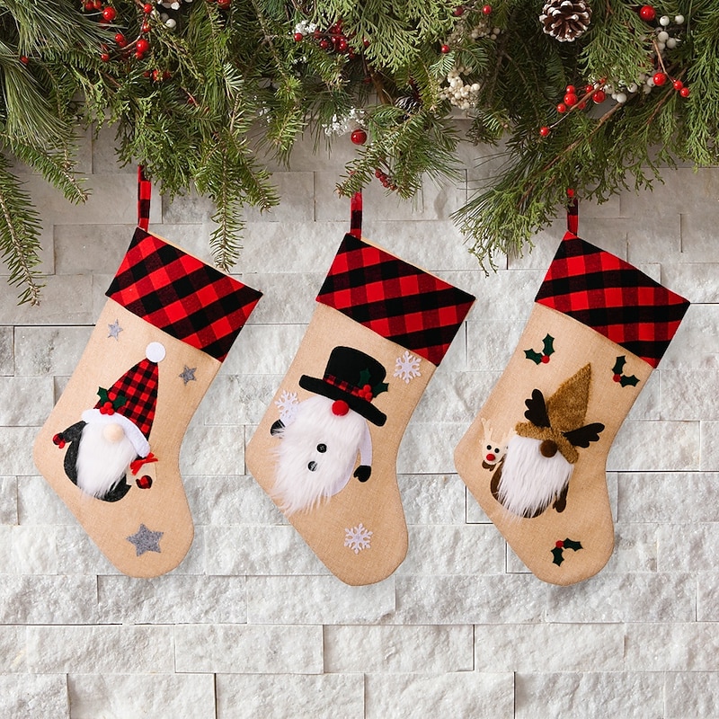 Christmas Stocking Red Black Plaid Trim Applique Cartoon Santa Gift Bag Holiday Window Hanging Ornament for Home Fireplace Festive Christmas Party Decoration Accessory2