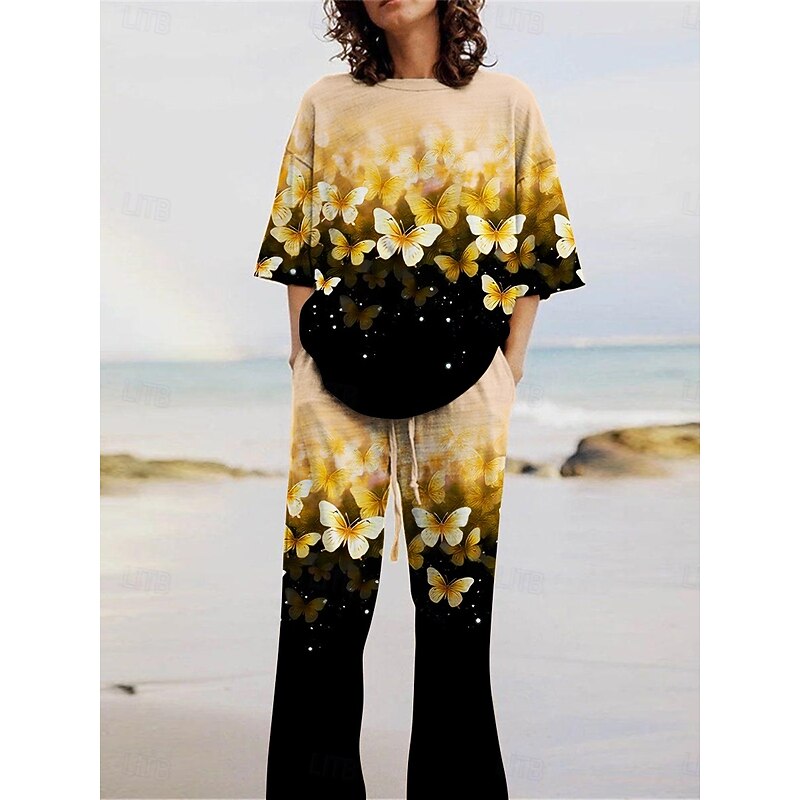 Women's Active Fashion Pants Sets 3/4 Length Sleeve Crew Neck Butterfly Print Vacation Daily Holiday Yellow Pink Red Summer Regular Fit4