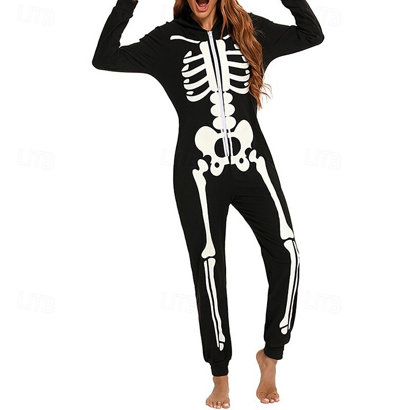 Family Pajamas Jumpsuit Skull Halloween pattern Home Print Black Long Sleeve Active Matching Outfits2