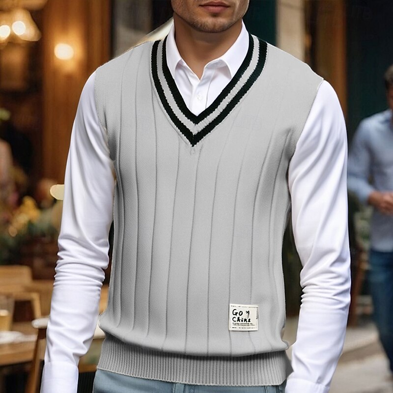 Men's Sweater Vest Dress Sweater Pullover Sweater Jumper Vest Knit Sweater Ribbed Knit Regular Tops Knitted Plain V Neck Fashion Casual Vacation Daily Wear Clothing Apparel Fall Winter Black White S2