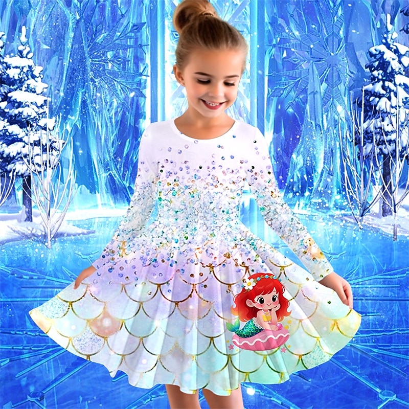 Girls' 3D Graphic Mermaid Dress Long Sleeve Summer Spring Vacation Daily Holiday Princess Beautiful Sweet Kids 4-12 Years Casual Dress A Line Dress Knee-length Regular Fit