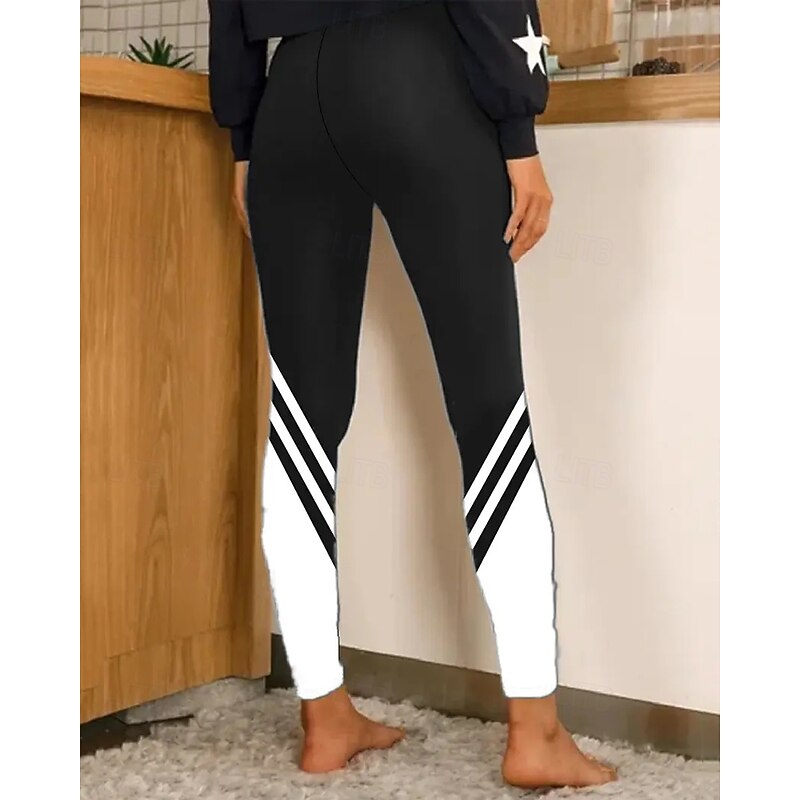 Women's Pants Trousers Leggings Cozy Leggings Streetwear Casual Full Length High Waist Color Block Elastic Waist Print Breathability Comfortable Stretchy Vacation Street Daily Wear Black Navy Blue4