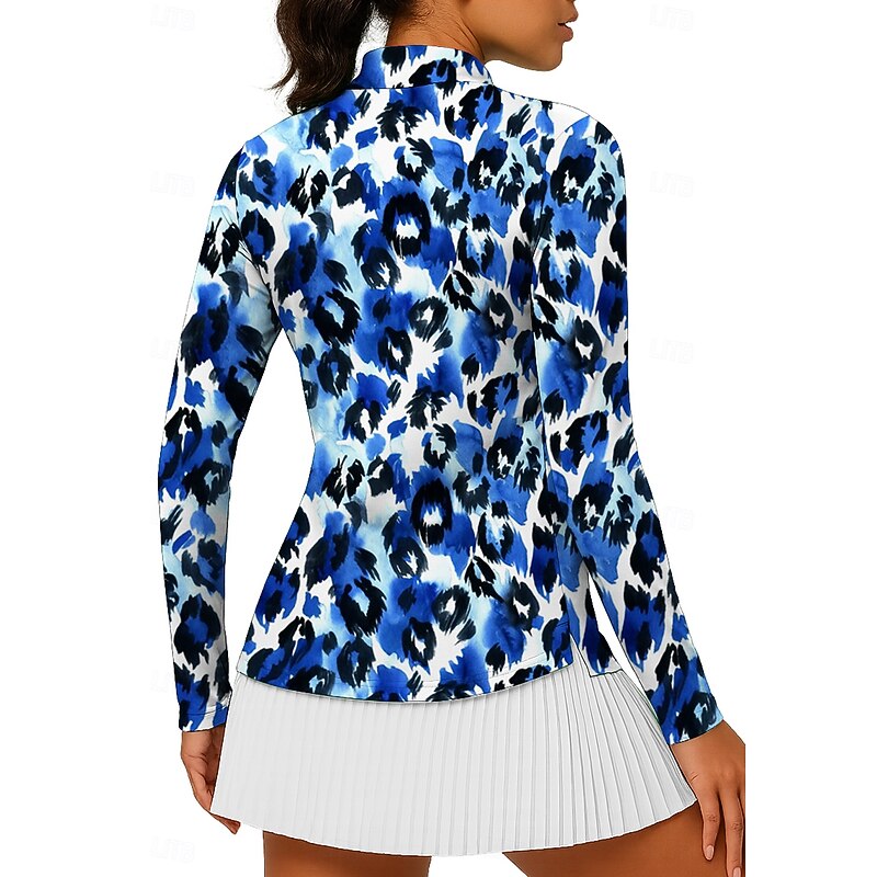 Women's Animal Leopard Tops Golf Polo Shirt Tennis Shirt Long Sleeve Print Quarter Zip Pullover UV Protection Elastic Breathable Tennis Golf Pickleball Stand Collar Zip Collar Shirt Polo Blue and2