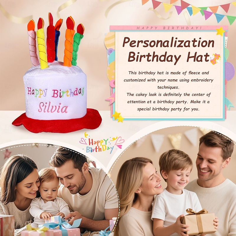 Personalized Birthday Cake Hat with Custom Embroidered Name, Colorful Reusable Party Hat Decoration, Fun Creative Birthday Party Accessory & Gift for Kids and Adults4