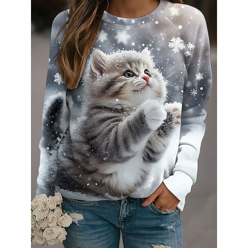 Women's Pullover Graphic Cat Casual Long Sleeve Crew Neck Regular Tops Casual Blue Purple Khaki Gray Fall Winter4