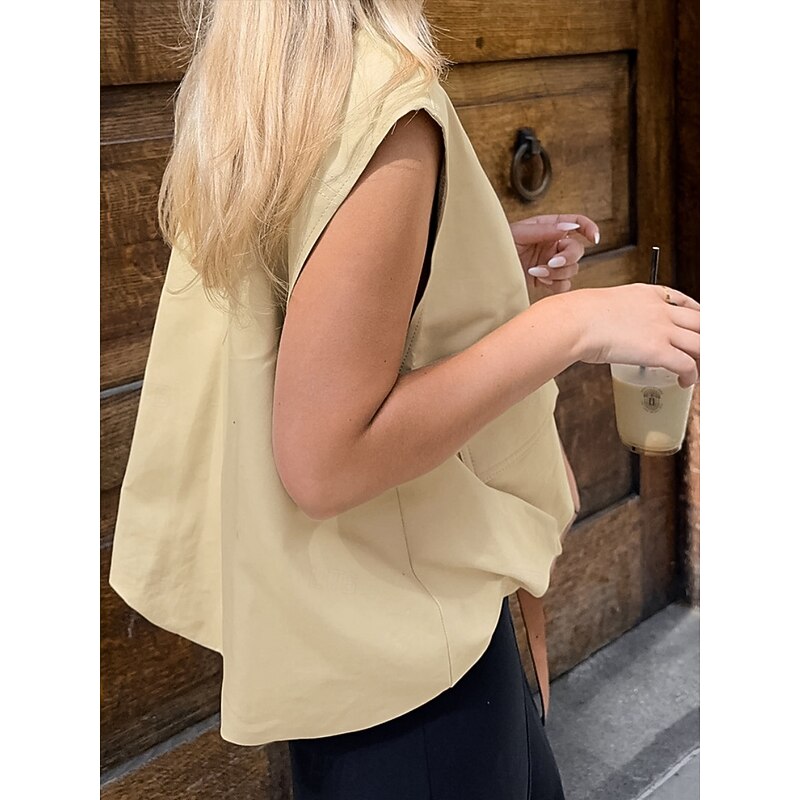 Women's Vest Comfortable Breathable Zipper Pocket Casual Plain Vacation Street Casual Daily Wear Zipper Short V Neck Regular Fit Sleeveless Outerwear Khaki Summer Spring2
